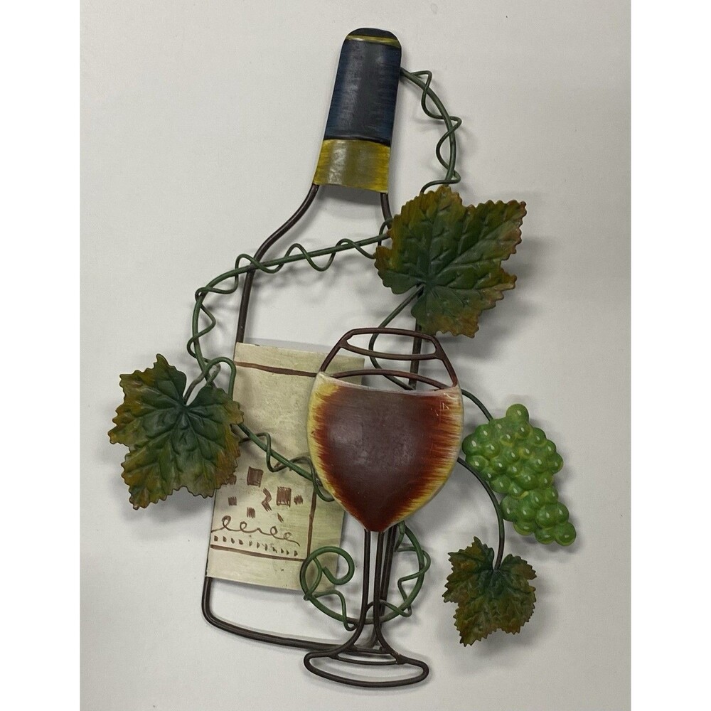 Metal Wine Bottle & Glass Wall Hanging Decor with Grapes and Leaf